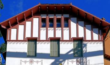 Пример красивого фасада пестрого цвета в шале стиле