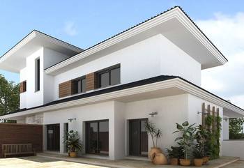Дизайн фасада бетонного дома белого цвета