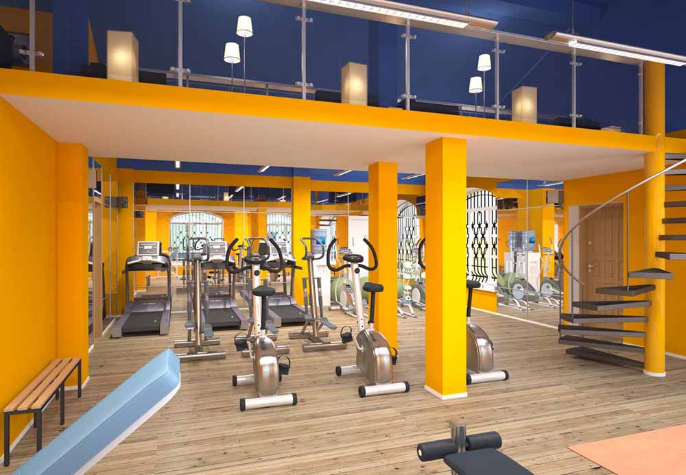 Вид дневной, кардио зона, главный вход в спортзал.