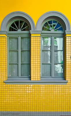 Облицовка коттеджа желтого цвета с интересными окнами
