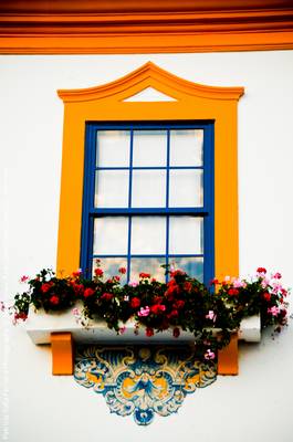 Дизайн дома оранжевого цвета с интересными окнами