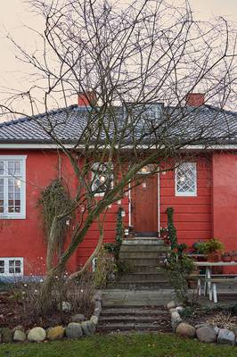 Пример отделки фасада дома красного цвета в авторского стиле