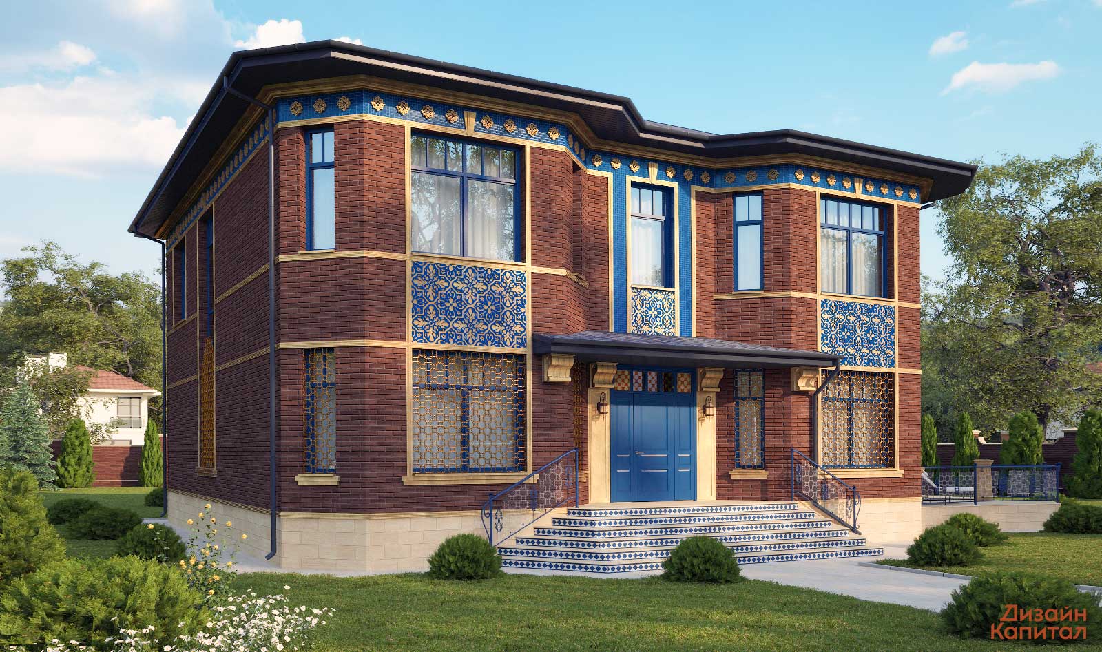 Проект фасада в восточном стиле из коричневого кирпича с синей майоликой