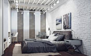 Красивый дизайн спальни в коттедже в стиле лофт.