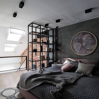 Красивый дизайн спальни частного дома в стиле лофт.