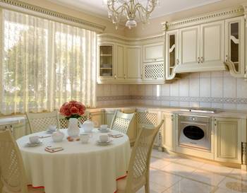 Красивый дизайн кухни в коттедже в классическом стиле.