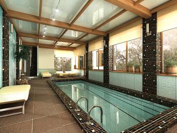 Дизайн интерьера бассейна в доме в современном стиле.
