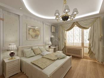 Красивый интерьер спальни в коттедже в классическом стиле.