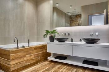 Дизайн ванной комнаты в коттедже в скандинавском стиле.