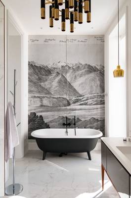 Дизайн интерьера ванной комнаты в доме в современном стиле.