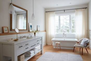 Дизайн интерьера ванной комнаты в доме в скандинавском стиле.
