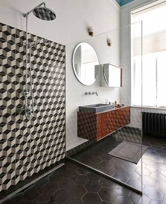 Дизайн ванной комнаты в коттедже в современном стиле.