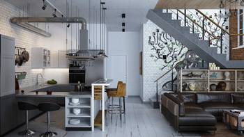 Интересный дизайн кухни под лестницей