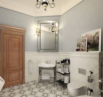 Вариант ванной комнаты в коттедже в классическом стиле.